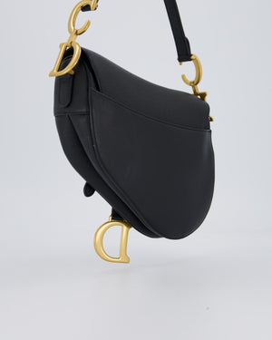 Christian Dior Black Medium Saddle Bag in Grain Calfskin Leather with Antique Gold Hardware
