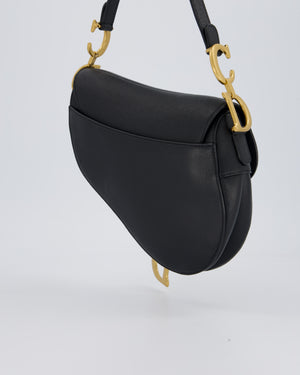 Christian Dior Black Medium Saddle Bag in Grain Calfskin Leather with Antique Gold Hardware