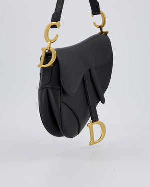 Christian Dior Black Medium Saddle Bag in Grain Calfskin Leather with Antique Gold Hardware