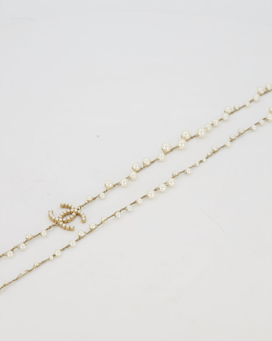 Chanel Gold With Pearls Long Necklace With CC Pearls Logo Details