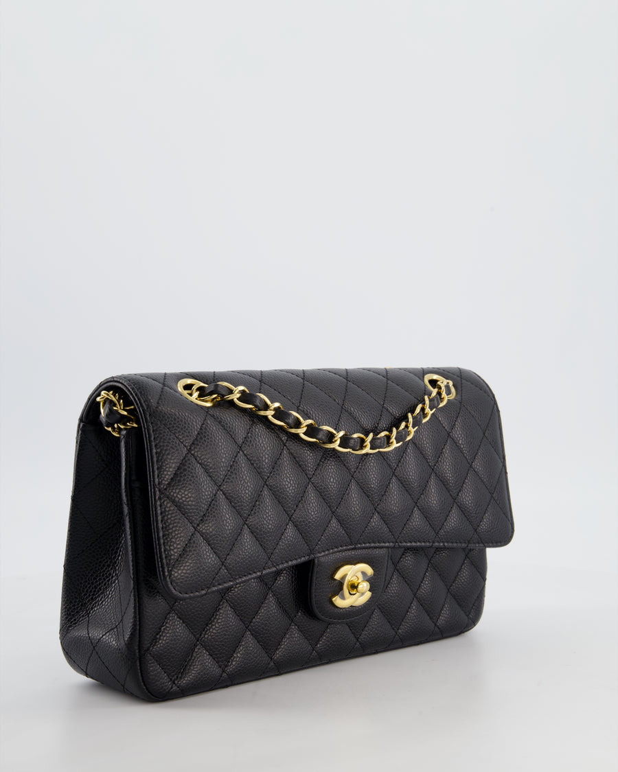 Chanel Medium Black Stitched Edge Classic Double Flap Bag in Caviar Leather with Gold Hardware