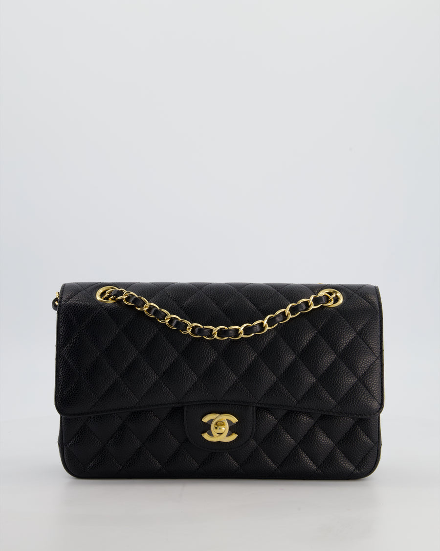 Chanel Medium Black Stitched Edge Classic Double Flap Bag in Caviar Leather with Gold Hardware