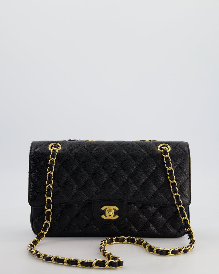 Chanel Medium Black Stitched Edge Classic Double Flap Bag in Caviar Leather with Gold Hardware