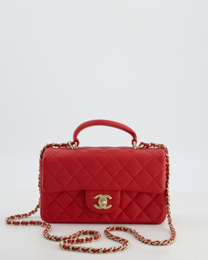 Chanel Mini Rectangular Top Handle Bag in Cherry Red Lambskin Leather with Champagne Gold Hardware