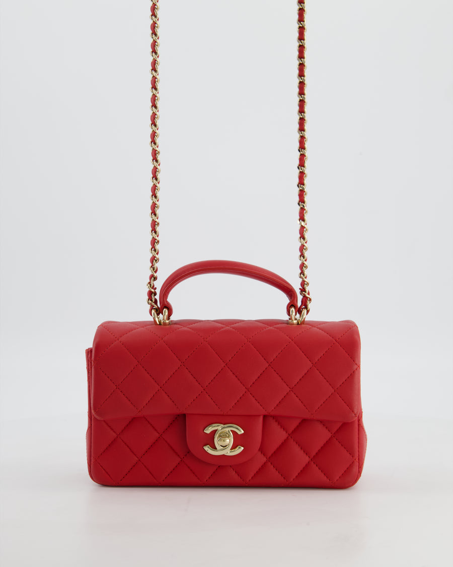 Chanel Mini Rectangular Top Handle Bag in Cherry Red Lambskin Leather with Champagne Gold Hardware