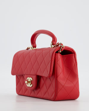 Chanel Mini Rectangular Top Handle Bag in Cherry Red Lambskin Leather with Champagne Gold Hardware