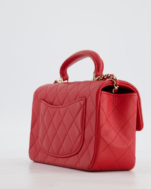 Chanel Mini Rectangular Top Handle Bag in Cherry Red Lambskin Leather with Champagne Gold Hardware