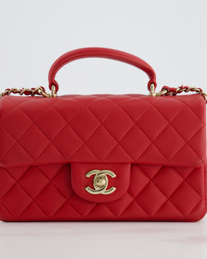 Chanel Mini Rectangular Top Handle Bag in Cherry Red Lambskin Leather with Champagne Gold Hardware
