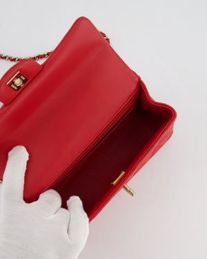 Chanel Mini Rectangular Top Handle Bag in Cherry Red Lambskin Leather with Champagne Gold Hardware