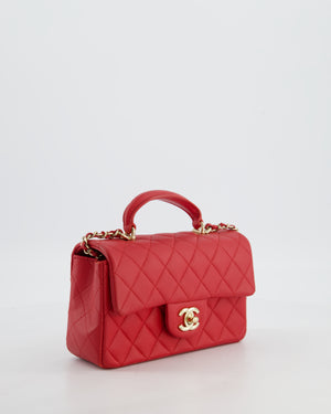 Chanel Mini Rectangular Top Handle Bag in Cherry Red Lambskin Leather with Champagne Gold Hardware