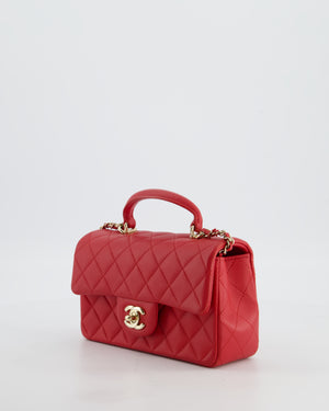 Chanel Mini Rectangular Top Handle Bag in Cherry Red Lambskin Leather with Champagne Gold Hardware