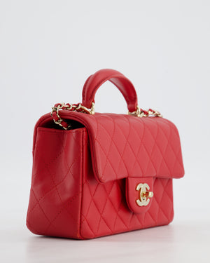 Chanel Mini Rectangular Top Handle Bag in Cherry Red Lambskin Leather with Champagne Gold Hardware