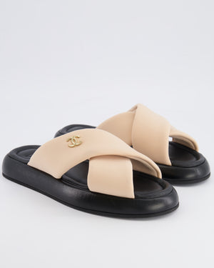 Chanel Beige and Black Leather Slides with Crossover Strap and Gold Textured CC Logo Detail Size EU 40C