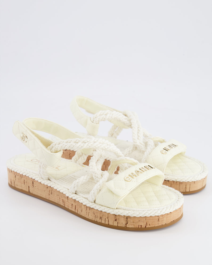 Chanel White Cord and Quilted Lambskin Sandals with Champagne Gold Logo Details Size EU 40