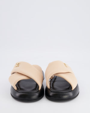 Chanel Beige and Black Leather Slides with Crossover Strap and Gold Textured CC Logo Detail Size EU 40C