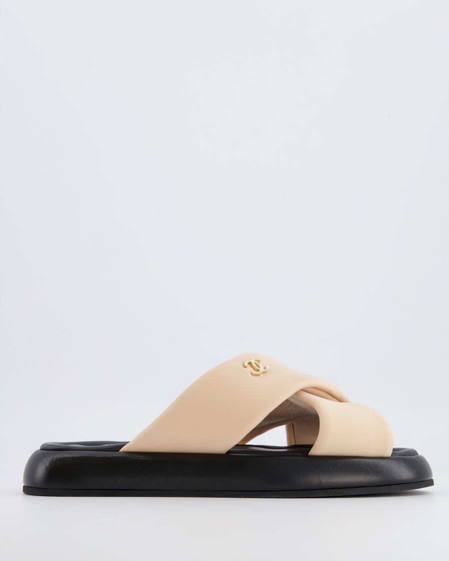 Chanel Beige and Black Leather Slides with Crossover Strap and Gold Textured CC Logo Detail Size EU 40C