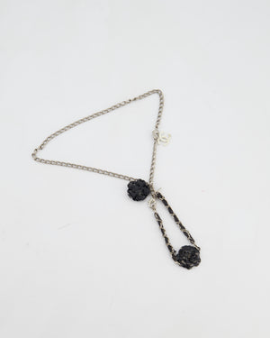 Chanel Set Silver Chain Necklace with Camellia Pendant and Silver and Black Camellia Bracelet