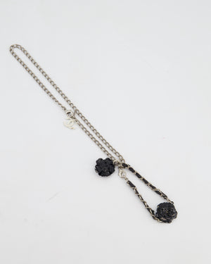 Chanel Set Silver Chain Necklace with Camellia Pendant and Silver and Black Camellia Bracelet