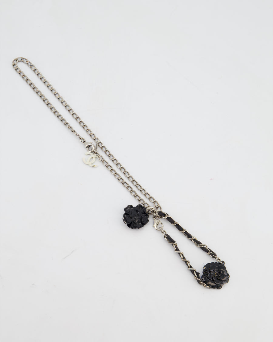 Chanel Set Silver Chain Necklace with Camellia Pendant and Silver and Black Camellia Bracelet