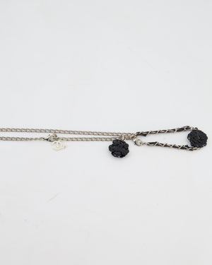 Chanel Set Silver Chain Necklace with Camellia Pendant and Silver and Black Camellia Bracelet