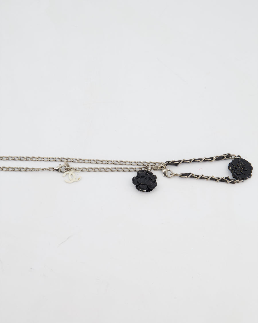 Chanel Set Silver Chain Necklace with Camellia Pendant and Silver and Black Camellia Bracelet