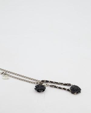 Chanel Set Silver Chain Necklace with Camellia Pendant and Silver and Black Camellia Bracelet