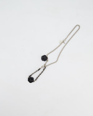 Chanel Set Silver Chain Necklace with Camellia Pendant and Silver and Black Camellia Bracelet