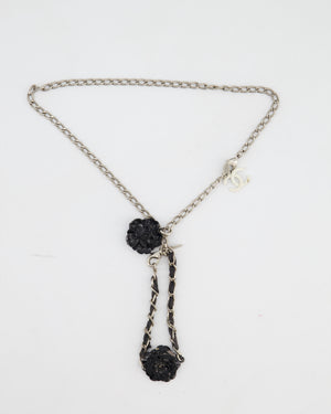Chanel Set Silver Chain Necklace with Camellia Pendant and Silver and Black Camellia Bracelet