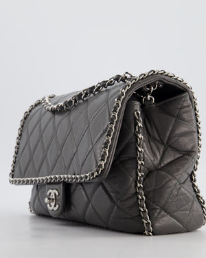 Chanel 20S Stone Grey Large Flap Bag in Aged Calfskin Leather with Chain Edge and Silver Hardware