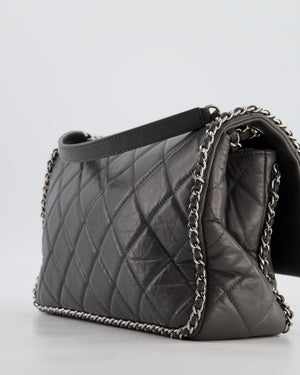 Chanel 20S Stone Grey Large Flap Bag in Aged Calfskin Leather with Chain Edge and Silver Hardware