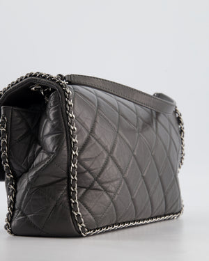 Chanel 20S Stone Grey Large Flap Bag in Aged Calfskin Leather with Chain Edge and Silver Hardware