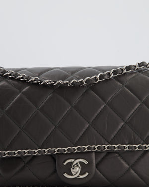 Chanel 20S Stone Grey Large Flap Bag in Aged Calfskin Leather with Chain Edge and Silver Hardware