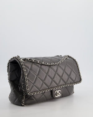 Chanel 20S Stone Grey Large Flap Bag in Aged Calfskin Leather with Chain Edge and Silver Hardware