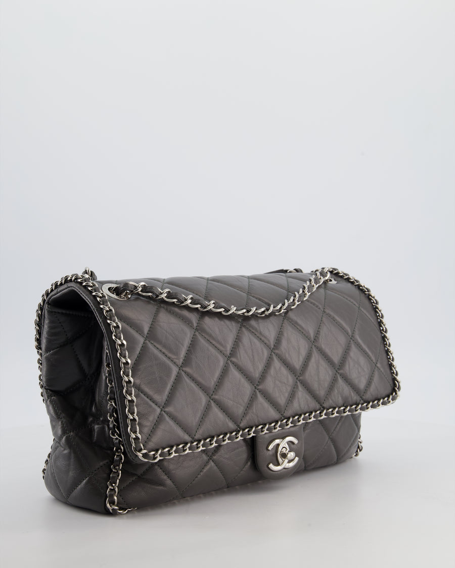 Chanel 20S Stone Grey Large Flap Bag in Aged Calfskin Leather with Chain Edge and Silver Hardware