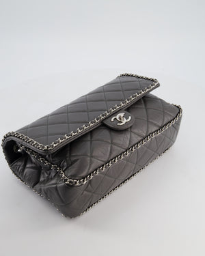 Chanel 20S Stone Grey Large Flap Bag in Aged Calfskin Leather with Chain Edge and Silver Hardware
