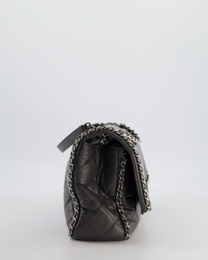 Chanel 20S Stone Grey Large Flap Bag in Aged Calfskin Leather with Chain Edge and Silver Hardware