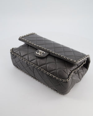 Chanel 20S Stone Grey Large Flap Bag in Aged Calfskin Leather with Chain Edge and Silver Hardware