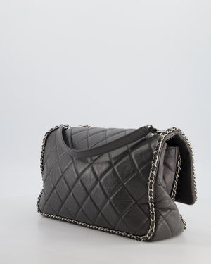 Chanel 20S Stone Grey Large Flap Bag in Aged Calfskin Leather with Chain Edge and Silver Hardware