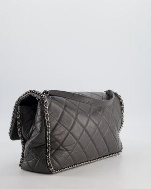 Chanel 20S Stone Grey Large Flap Bag in Aged Calfskin Leather with Chain Edge and Silver Hardware