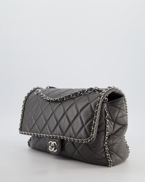 Chanel 20S Stone Grey Large Flap Bag in Aged Calfskin Leather with Chain Edge and Silver Hardware