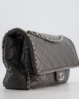 Chanel 20S Stone Grey Large Flap Bag in Aged Calfskin Leather with Chain Edge and Silver Hardware