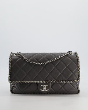 Chanel 20S Stone Grey Large Flap Bag in Aged Calfskin Leather with Chain Edge and Silver Hardware