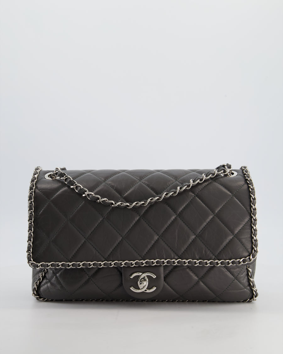 Chanel 20S Stone Grey Large Flap Bag in Aged Calfskin Leather with Chain Edge and Silver Hardware