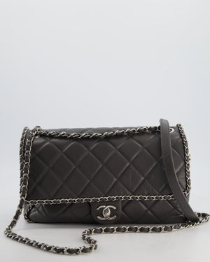 Chanel 20S Stone Grey Large Flap Bag in Aged Calfskin Leather with Chain Edge and Silver Hardware