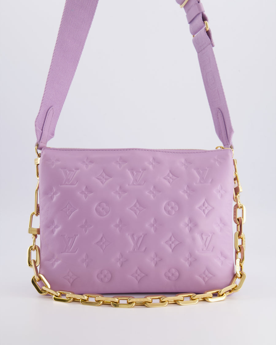 Louis Vuitton Lilac Monogram Lambskin Coussin PM Bag with Gold Hardware and Logo Canvas Strap RRP £3,450