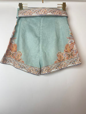 Zimmermann Teal Linen Paisley Print Mini Shorts with Matching Belt Size 1 (UK 10)