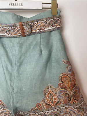 Zimmermann Teal Linen Paisley Print Mini Shorts with Matching Belt Size 1 (UK 10)