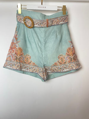 Zimmermann Teal Linen Paisley Print Mini Shorts with Matching Belt Size 1 (UK 10)