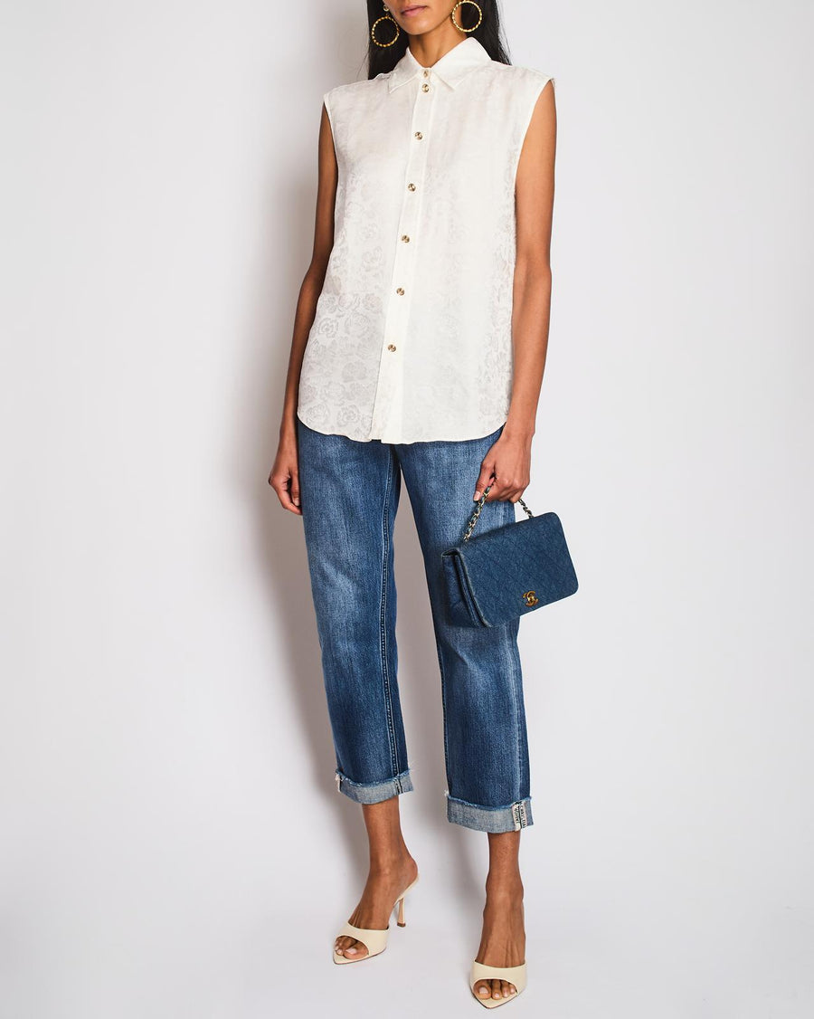 Chanel White Sleeveless Button Down Floral Blouse Size FR 34 (UK 6)