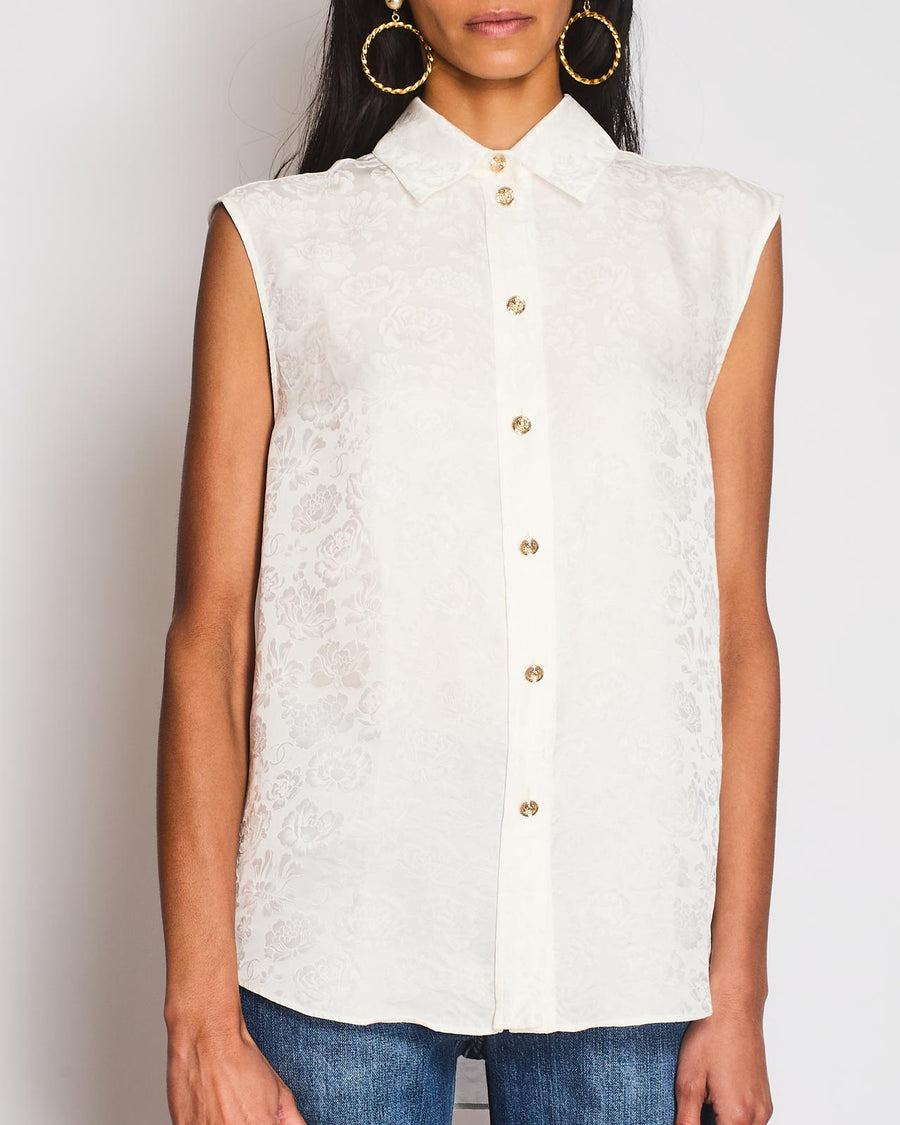 Chanel White Sleeveless Button Down Floral Blouse Size FR 34 (UK 6)